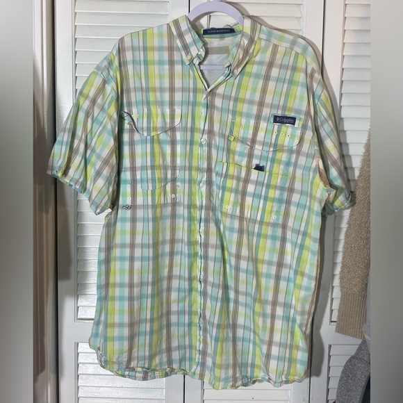Columbia Short Sleeve Button Up Shirt No Size White/Teal/Yellow PFG - Picture 1 of 8